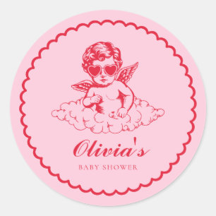 Sticker Rond Baby shower rétro rose et rouge avec chérubin