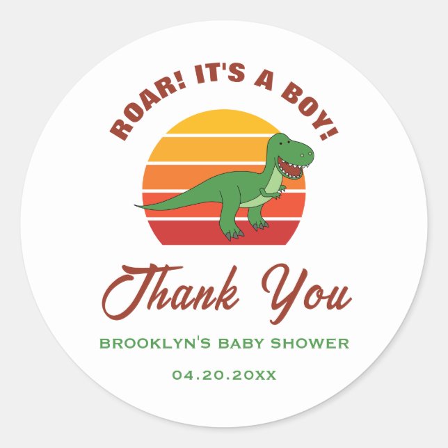 Sticker Rond Baby shower Retro Sunset Dinosaur Roar C'Est Un Ga (Devant)