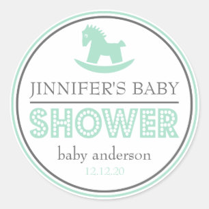 Sticker Rond Baby shower Rocking Horse Favor (Vert / Gris)