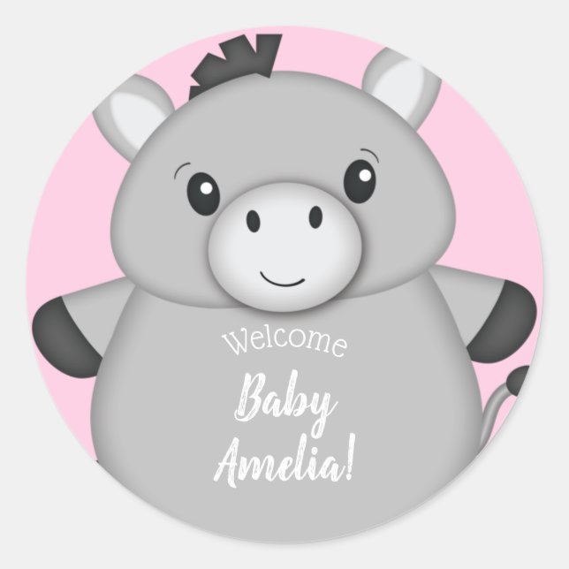 Sticker Rond Baby shower rose âne (Devant)