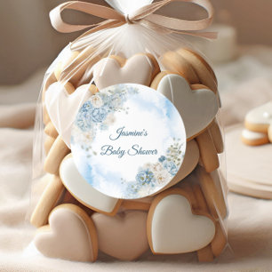 Sticker Rond Baby Shower Rose Bleue Bohème