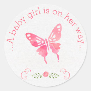 Sticker Rond Baby shower rose chic de fille de papillon