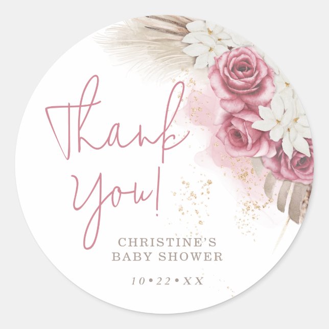 Sticker Rond Baby shower Rose d'aquarelle tropicale (Devant)