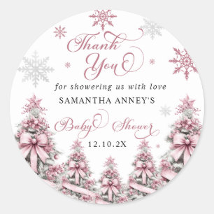 Sticker Rond Baby shower rose de Noël d'hiver Merci