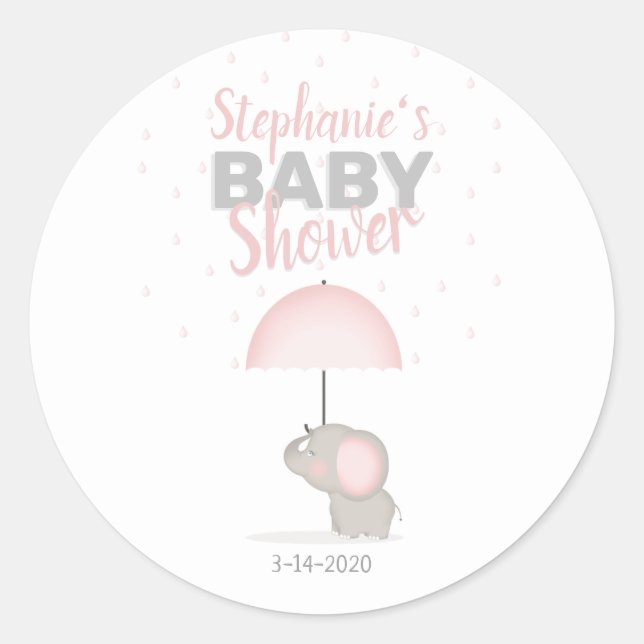 Sticker Rond Baby shower rose éléphant bébé (Devant)