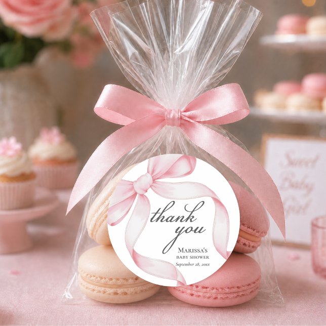Sticker Rond Baby Shower Rose Fille (elegant pink coquette bow baby shower thank you sticker for party favors and gifts with custom name)