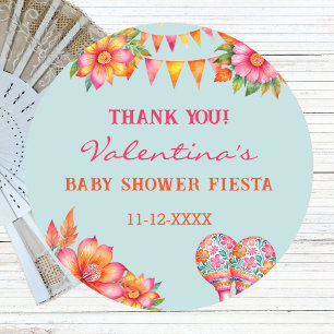 Sticker Rond Baby shower rose Floral bleu Fiesta  Merci