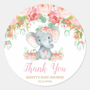 Sticker Rond Baby shower rose Floral Eléphant Fille Faveur