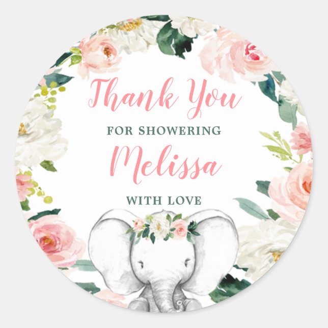 Sticker Rond Baby shower rose Floral Eléphant fille Merci (Devant)
