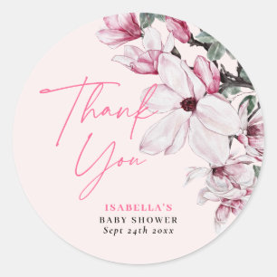 Sticker Rond Baby shower rose floral fille Merci