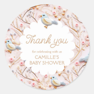 Sticker Rond Baby shower rose floral fille Merci