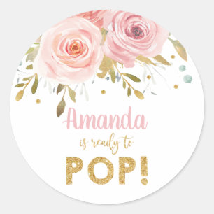 Sticker Rond Baby shower rose floral qu'elle est prête à fair