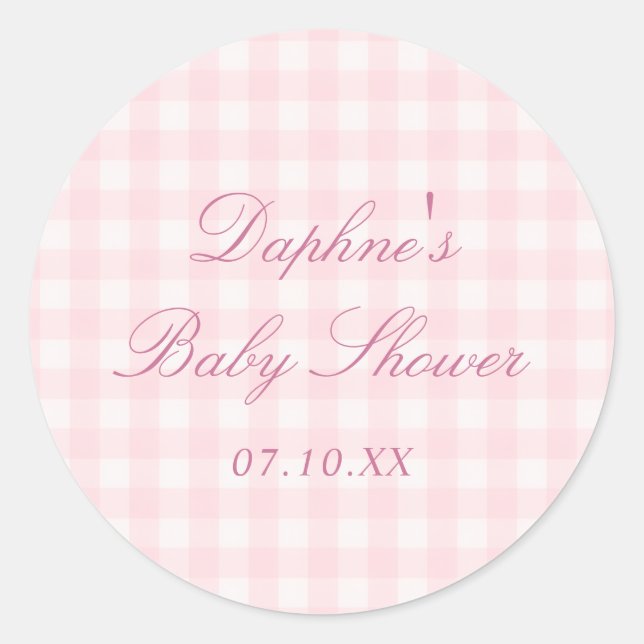Sticker Rond Baby Shower Rose Gingham Élégant (Devant)