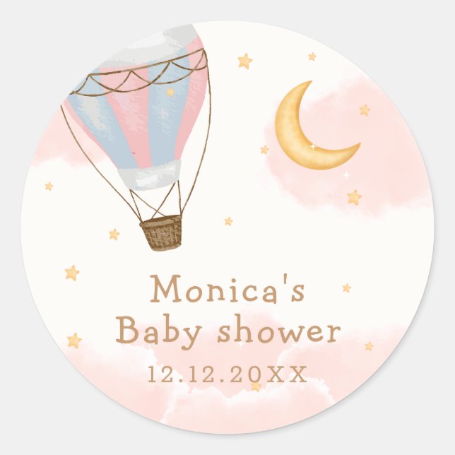 Sticker Rond Baby shower Rose Girl Hot Air Balloon Lune Star (Devant)