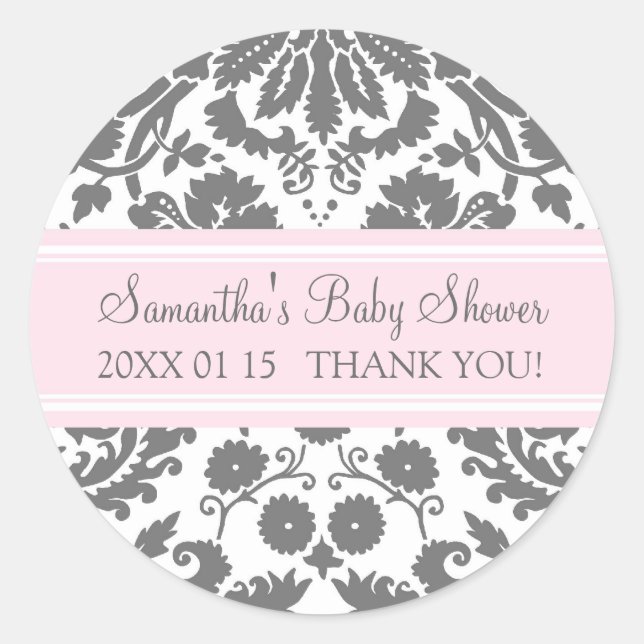 Sticker Rond Baby shower rose gris Damas Favoriser les autocoll (Devant)