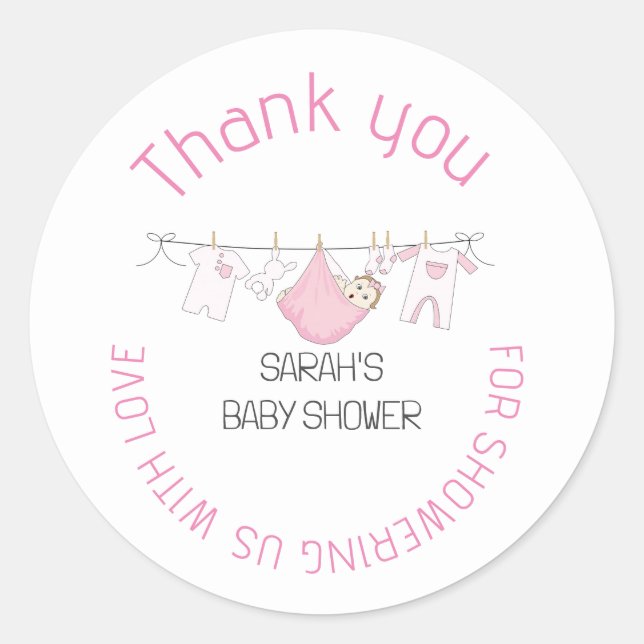 Sticker Rond Baby shower rose mignon Merci Favoriser (Devant)