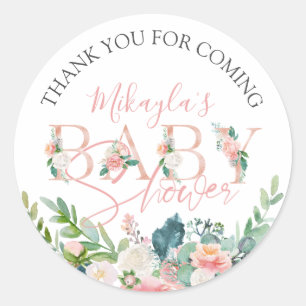 Sticker Rond Baby shower Rose or rose de Merci de script Flora