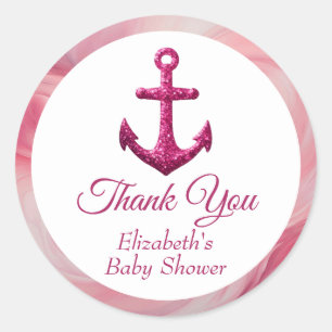 Sticker Rond Baby Shower Rose Pailletée Ancre Naissance