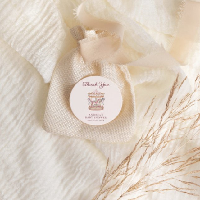 Sticker Rond Baby Shower Rose Pâle Fille Carrousel Mignon (Créateur téléchargé)