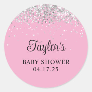 Sticker Rond Baby Shower Rose Pâle Pailleté Argent