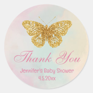 Sticker Rond baby shower rose papillon doré merci mignon
