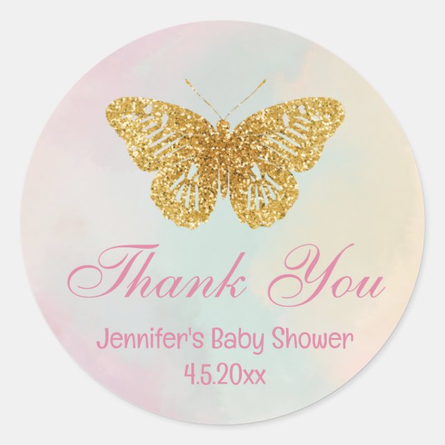Sticker Rond baby shower rose papillon doré merci mignon (Devant)