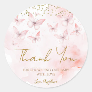 Sticker Rond Baby shower rose papillon Merci