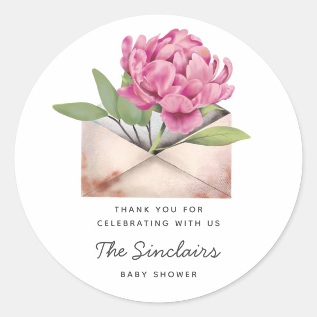 Sticker Rond Baby shower Rose Peony Flower Par Mail Favoriser (Devant)