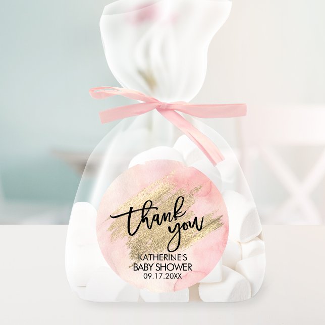 Sticker Rond Baby Shower Rose Pinceau Doré Aquarelle (Créateur téléchargé)