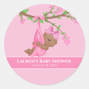 Sticker Rond Baby Shower Rose pour une jolie fille afro-américa