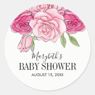 Sticker Rond Baby shower Rose rose Aquarelle