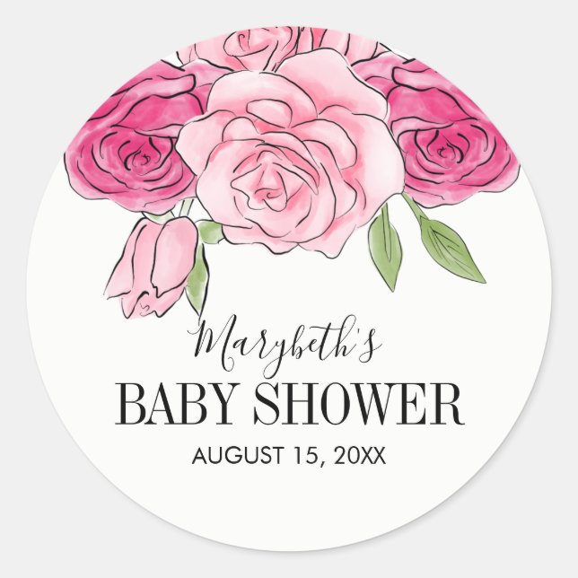 Sticker Rond Baby shower Rose rose Aquarelle (Devant)