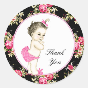 Sticker Rond Baby shower Rose rose et noir Chintz