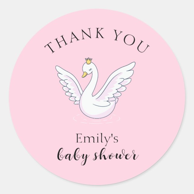 Sticker Rond Baby shower rose sucré princesse cygne  Merci (Devant)