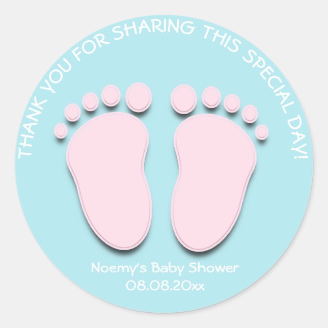 Sticker Rond Baby shower rose Tiffany Pieds Favoriser Merci fil (Devant)