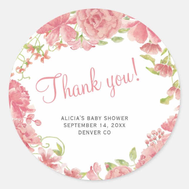 Sticker Rond Baby shower rose vif floral merci (Devant)