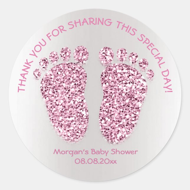 Sticker Rond Baby shower rose violet pieds Favoriser Merci fill (Devant)