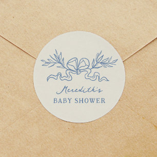 Sticker Rond Baby Shower Ruban Botanique Bleu