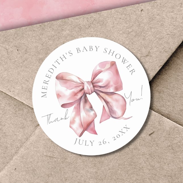 Sticker Rond Baby Shower Ruban Rose (Pink Bow Baby Shower Thank You Classic Round Sticker)