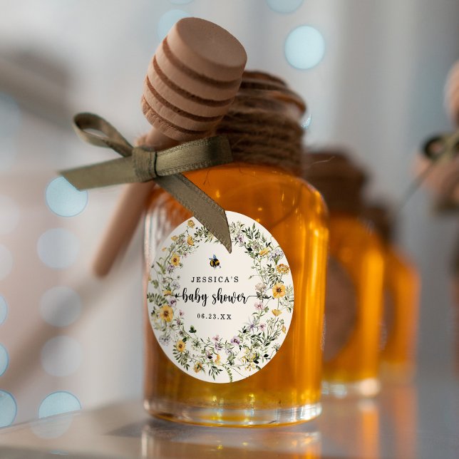 Sticker Rond Baby shower Rustic Bee Fleur sauvage (Créateur téléchargé)