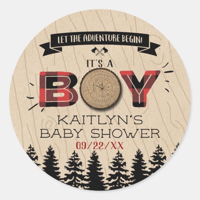 Sticker Rond Baby shower Rustic Forest Plaid Lumberjack Boys (Devant)