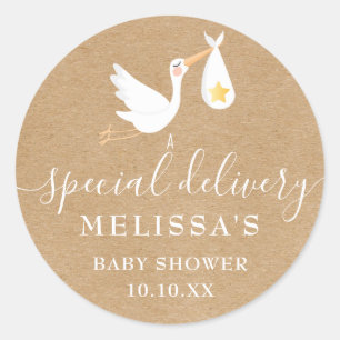 Sticker Rond Baby shower Rustic Kraft Special Delivery Stork