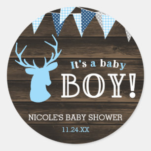 Sticker Rond Baby shower rustique Bois Bleu Cerf