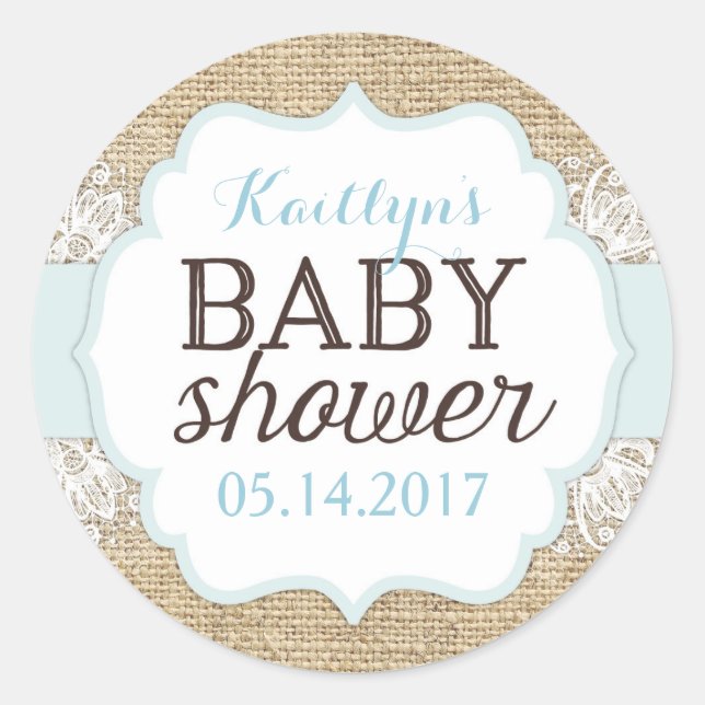 Sticker Rond Baby shower rustique Burlap Lace Blue Boy (Devant)