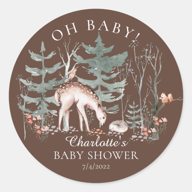 Sticker Rond Baby shower Rustique des animaux forestiers (Devant)