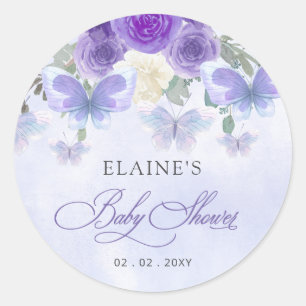 Sticker Rond Baby shower Rustique Floral Purple Lilac Butterfli