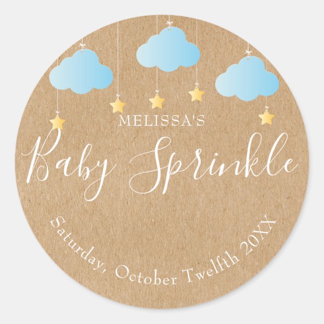 Sticker Rond Baby shower rustique kraft scintillant bleu (Devant)
