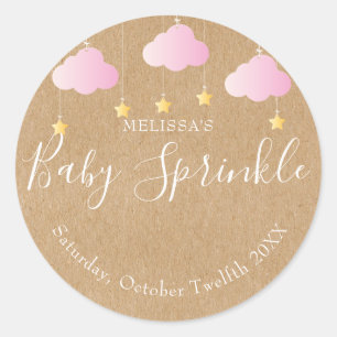 Sticker Rond Baby shower rustique kraft scintillant rose