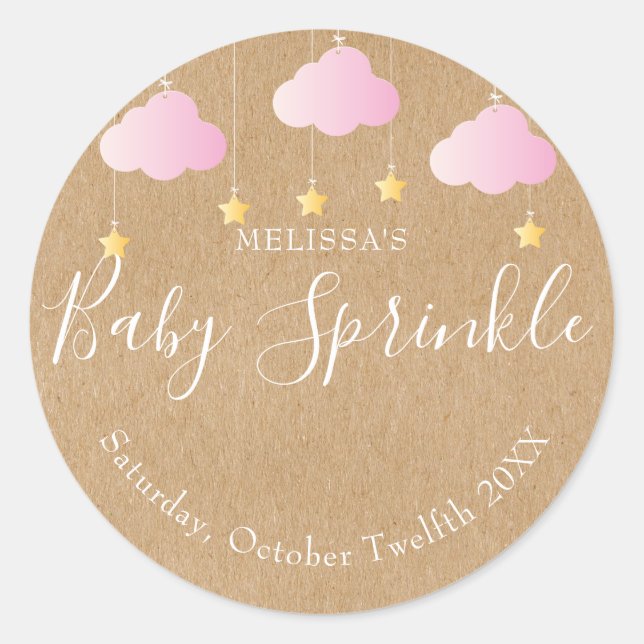 Sticker Rond Baby shower rustique kraft scintillant rose (Devant)