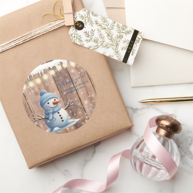 Sticker Rond Baby shower rustique moderne élégant Blue Snowman (Cadeaux)